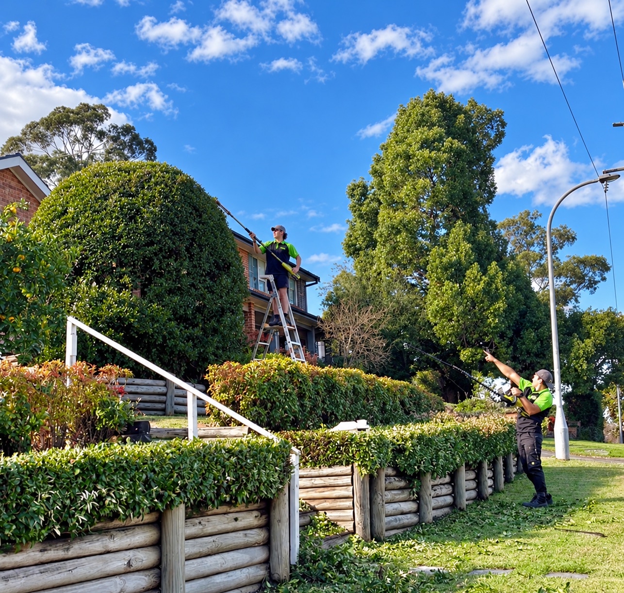 Too Easy Mate crew trimming hedges and topiary