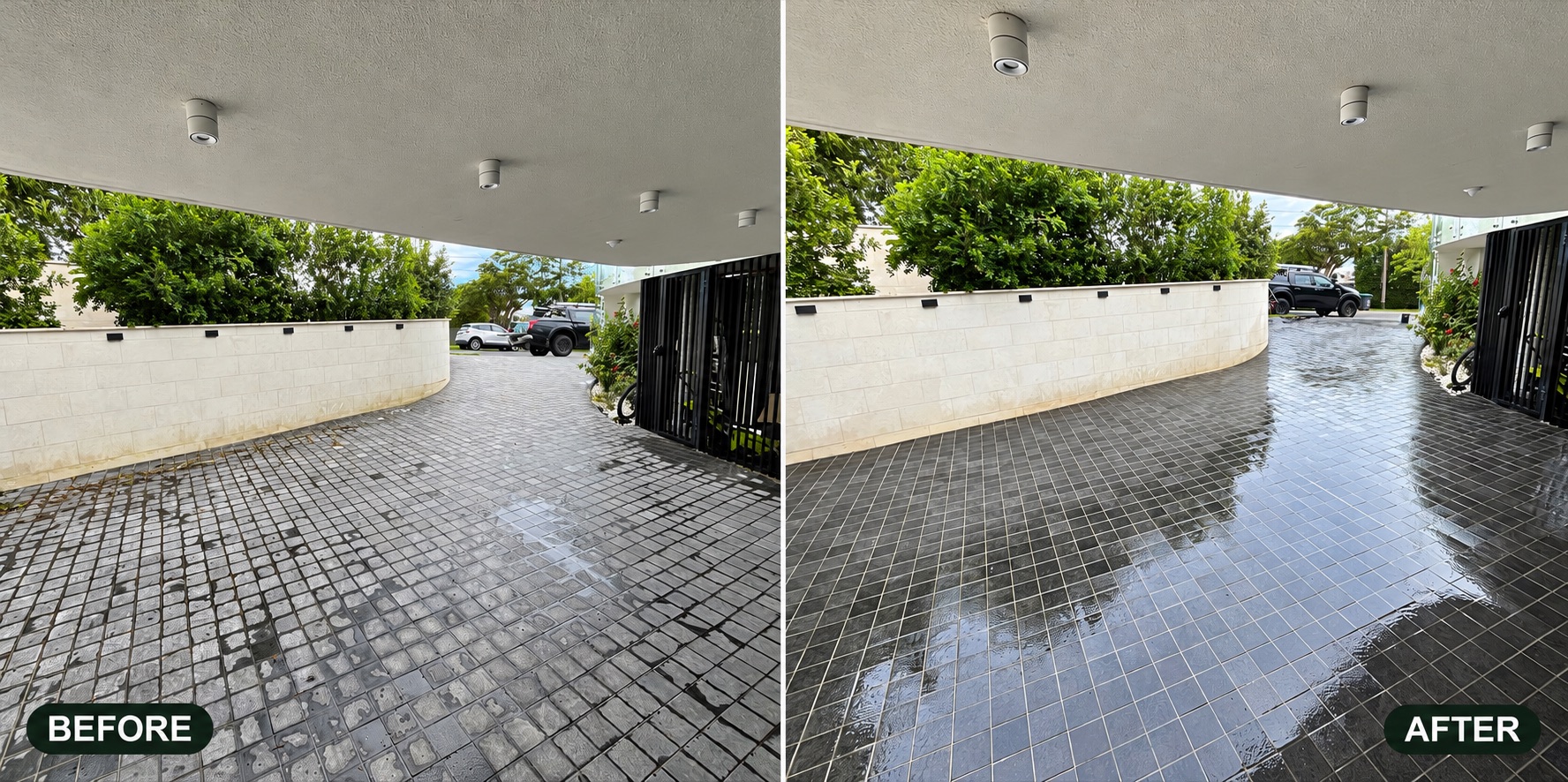 Before and after pressure washing a tiled driveway