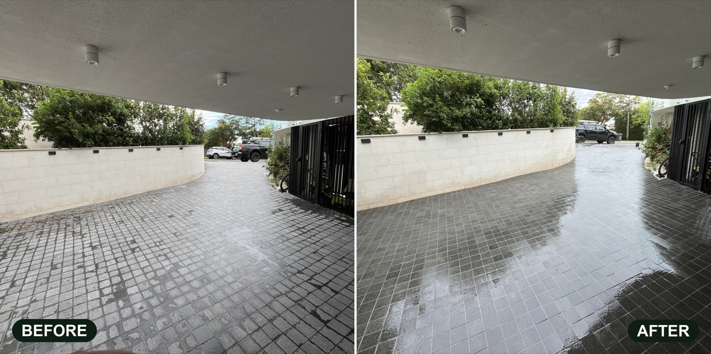 Before and after pressure washing a tiled driveway